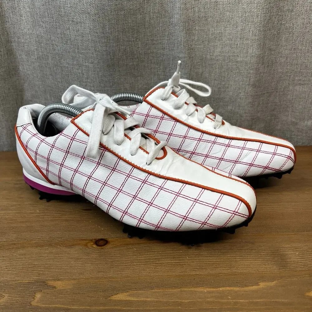 Footjoy Golf Shoes Women’s 8M Pink Plaid Orange Cleats 97222 Lace Up Spikes